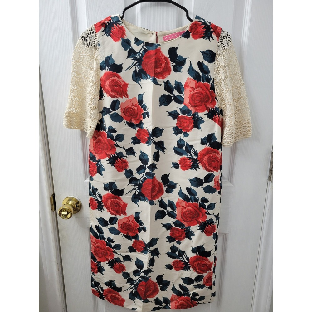 Manoush Silk Floral Rose Shift Dress Lace Sleeve Cream Red Size 4 36 H8 GIPD